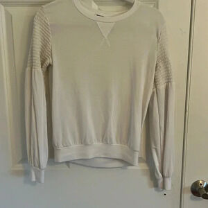 LA Made White Crewneck Long Sleeve Size S Smocked Detail on the Sleeve